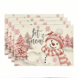 'Let It Snow' 4pc Holiday Christmas Winter Pink Snowman Dining Decor Placemats
